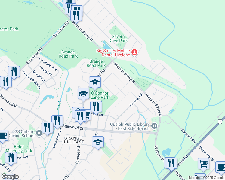 map of restaurants, bars, coffee shops, grocery stores, and more near 44 Swift Crescent in Guelph