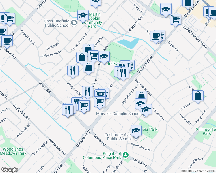 map of restaurants, bars, coffee shops, grocery stores, and more near 2-601 Shoreline Drive in Mississauga