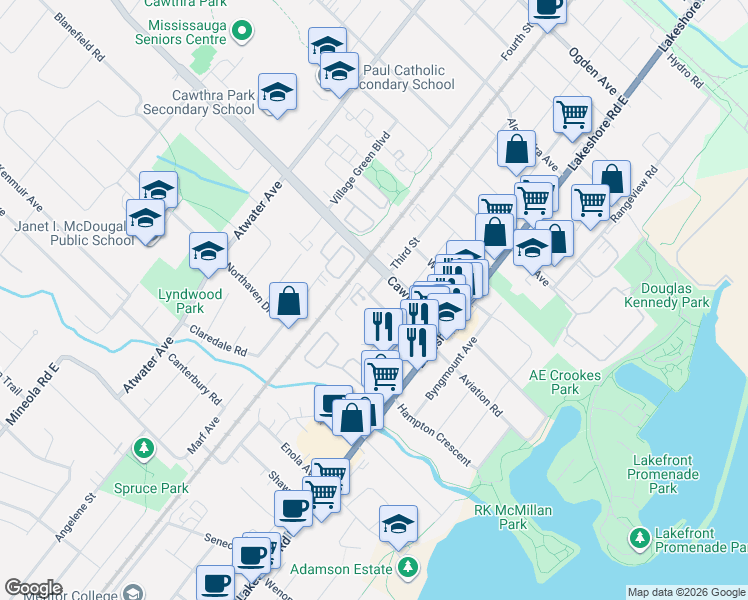 map of restaurants, bars, coffee shops, grocery stores, and more near 1100 Caven Street in Mississauga