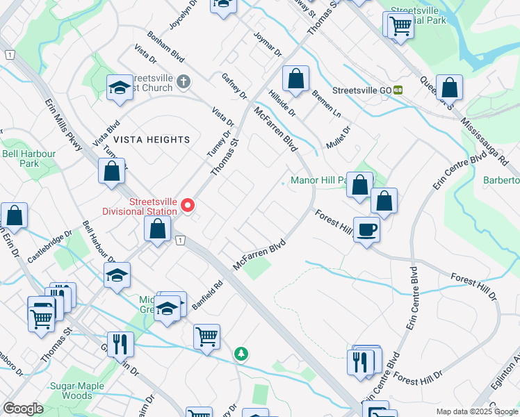 map of restaurants, bars, coffee shops, grocery stores, and more near 5525 Palmerston Crescent in Mississauga