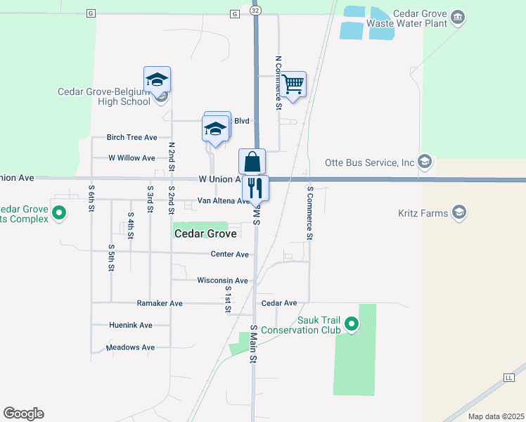 map of restaurants, bars, coffee shops, grocery stores, and more near 210 South Main Street in Cedar Grove