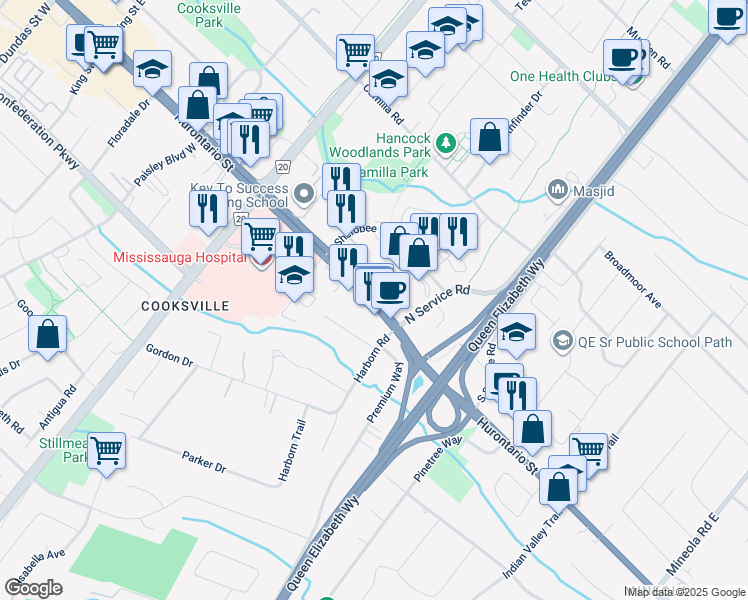 map of restaurants, bars, coffee shops, grocery stores, and more near 2091 Hurontario Street in Mississauga