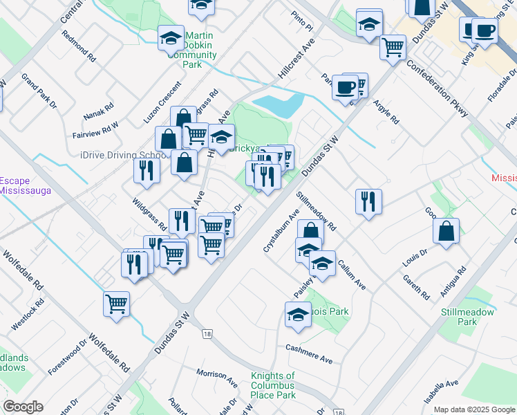 map of restaurants, bars, coffee shops, grocery stores, and more near 3020 Clayhill Road in Mississauga