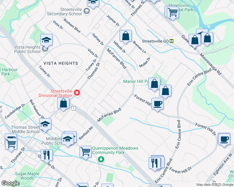 map of restaurants, bars, coffee shops, grocery stores, and more near 5468 Palmerston Crescent in Mississauga