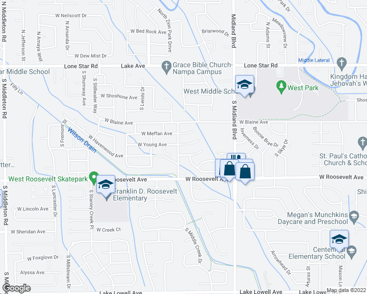 map of restaurants, bars, coffee shops, grocery stores, and more near 1315 West Hawk Place in Nampa