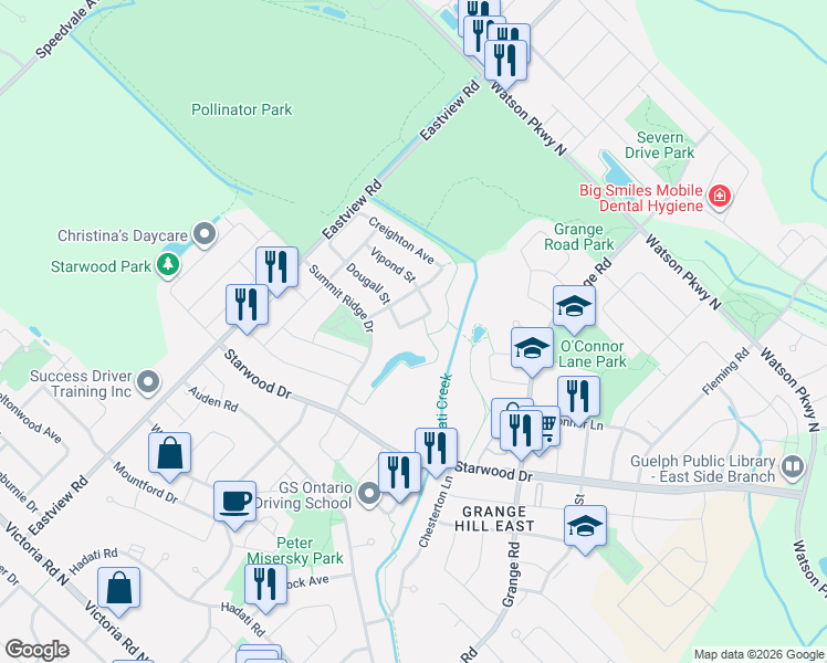 map of restaurants, bars, coffee shops, grocery stores, and more near 11 Trimble Crescent in Guelph