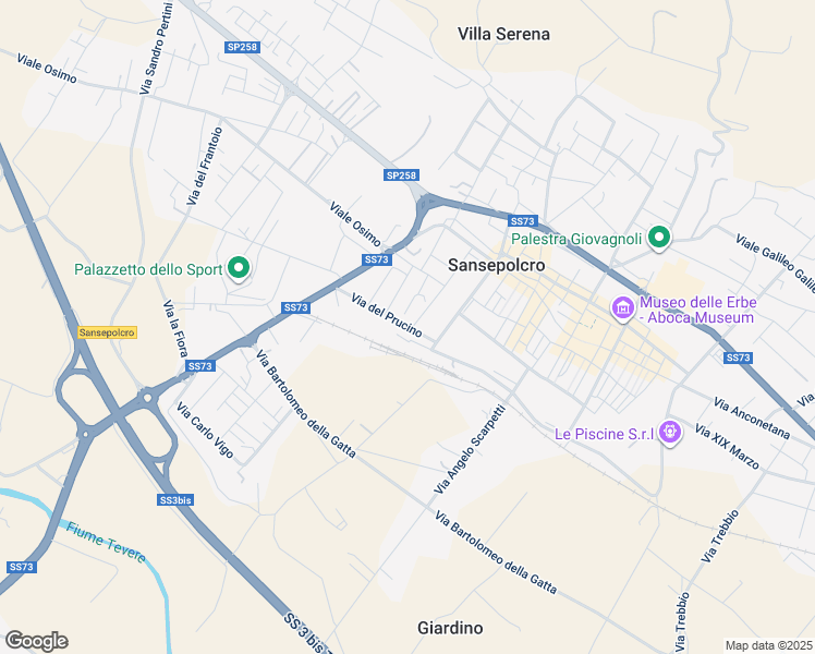 map of restaurants, bars, coffee shops, grocery stores, and more near 2E Via del Prucino in Sansepolcro