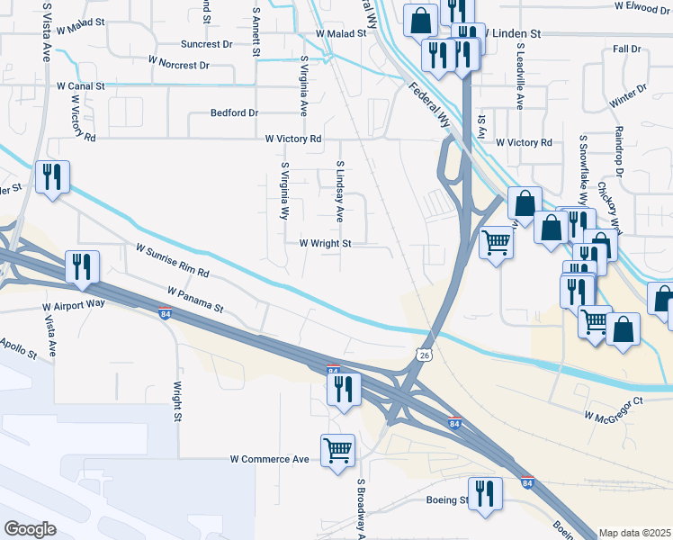 map of restaurants, bars, coffee shops, grocery stores, and more near 1542 West Alexandra Drive in Boise