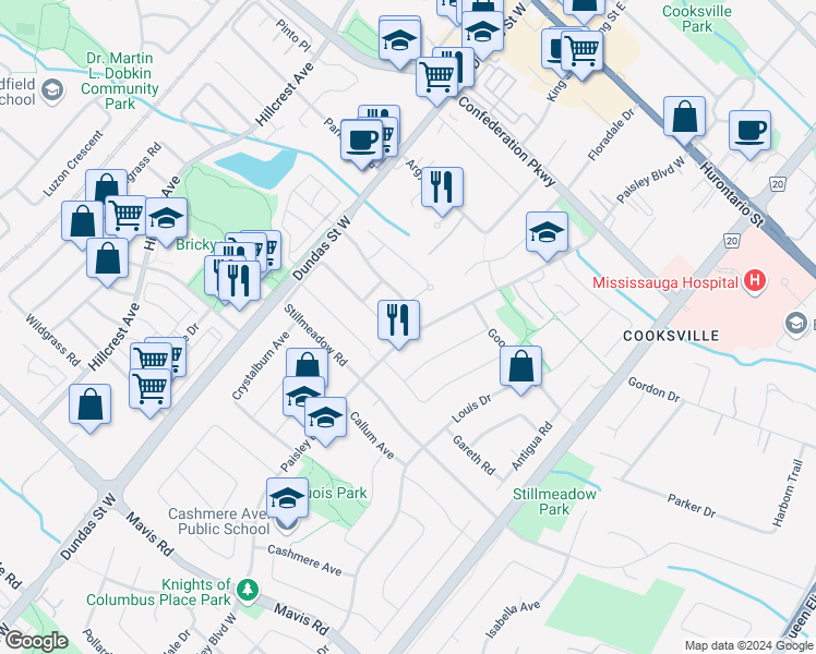 map of restaurants, bars, coffee shops, grocery stores, and more near 341 Paisley Boulevard West in Mississauga