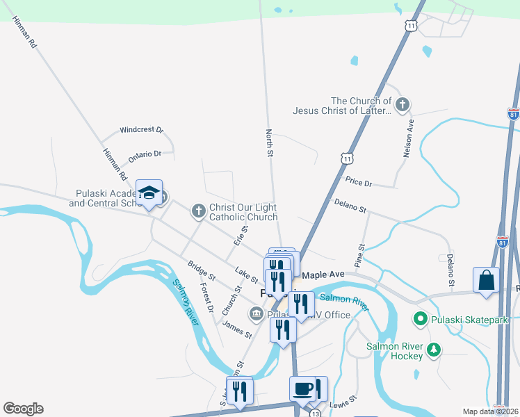 map of restaurants, bars, coffee shops, grocery stores, and more near 32 Erie Street in Pulaski
