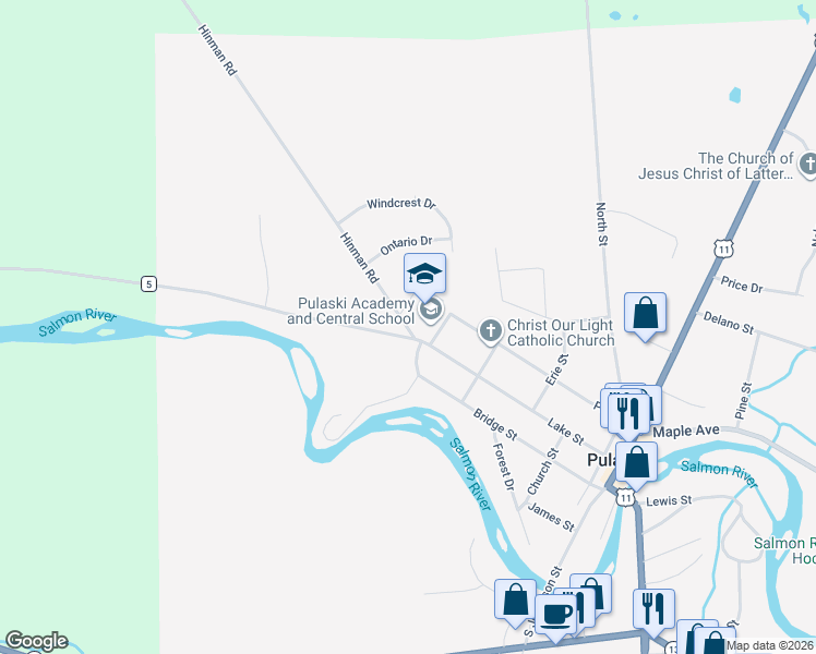 map of restaurants, bars, coffee shops, grocery stores, and more near 99 County Route 5 in Pulaski