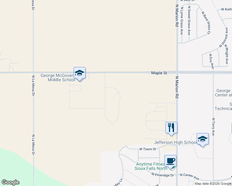 map of restaurants, bars, coffee shops, grocery stores, and more near 5401-6999 Maple Street in Sioux Falls