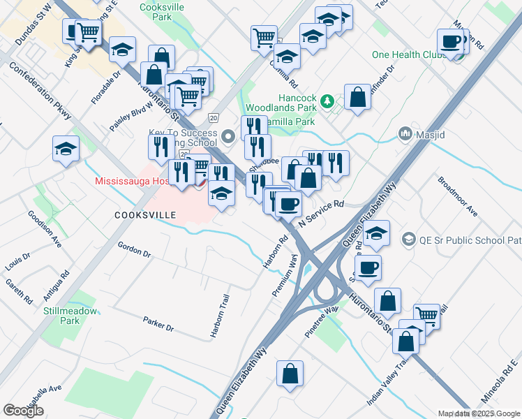 map of restaurants, bars, coffee shops, grocery stores, and more near 2130 Hurontario Street in Mississauga
