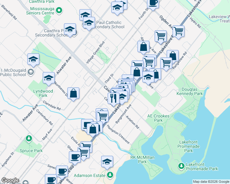 map of restaurants, bars, coffee shops, grocery stores, and more near in Mississauga