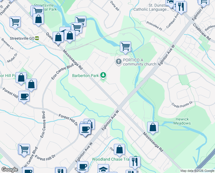 map of restaurants, bars, coffee shops, grocery stores, and more near 5095 Mississauga Road in Mississauga