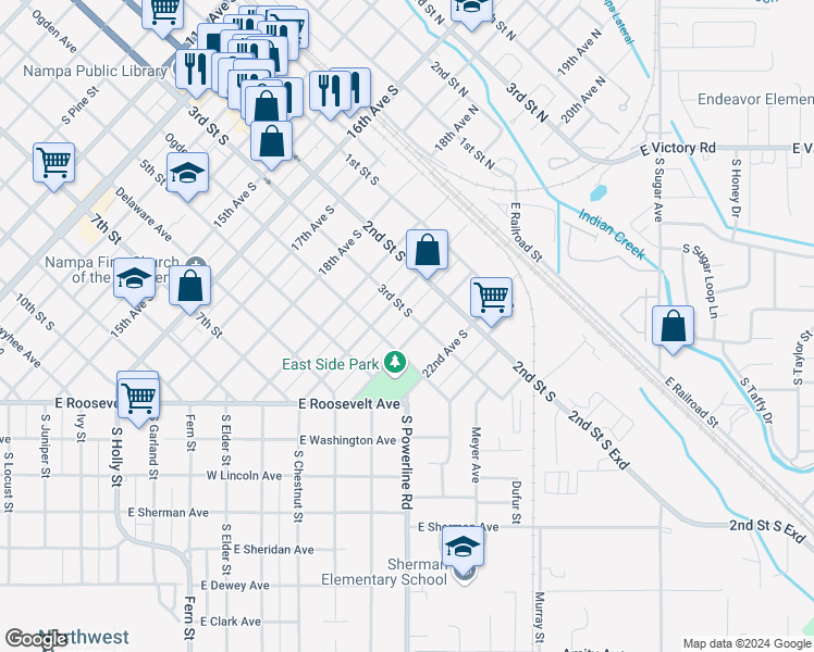 map of restaurants, bars, coffee shops, grocery stores, and more near 307 21st Avenue South in Nampa