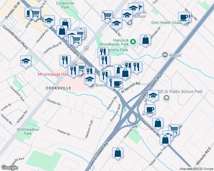 map of restaurants, bars, coffee shops, grocery stores, and more near 2130 Hurontario Street in Mississauga