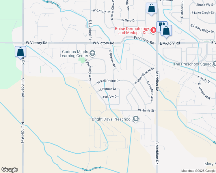 map of restaurants, bars, coffee shops, grocery stores, and more near 570 West Buroak Drive in Meridian