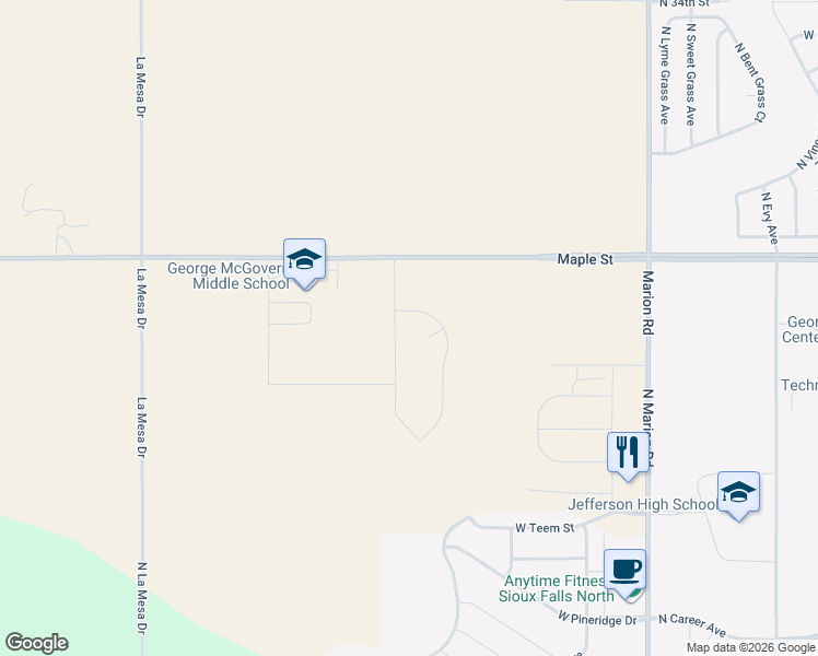 map of restaurants, bars, coffee shops, grocery stores, and more near 2301 North Valley View Road in Sioux Falls