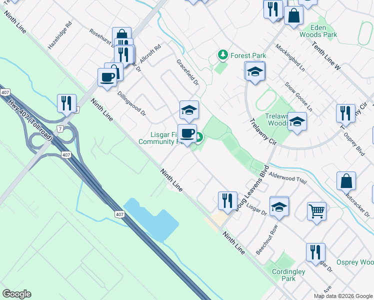 map of restaurants, bars, coffee shops, grocery stores, and more near 6724 Lisgar Drive in Mississauga