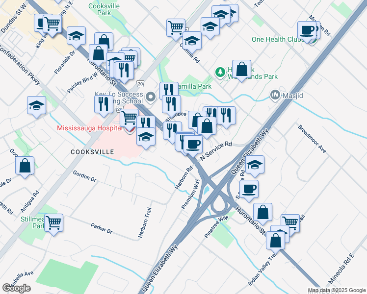 map of restaurants, bars, coffee shops, grocery stores, and more near 2120 Hurontario Street in Mississauga