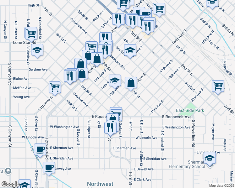 map of restaurants, bars, coffee shops, grocery stores, and more near 810 15th Avenue South in Nampa