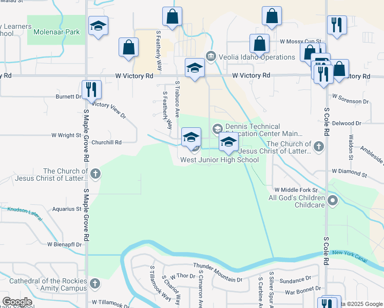 map of restaurants, bars, coffee shops, grocery stores, and more near 8371 West Salt Creek Court in Boise