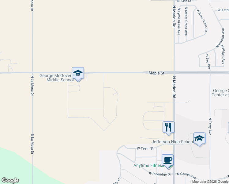 map of restaurants, bars, coffee shops, grocery stores, and more near 5401-6999 Maple Street in Sioux Falls