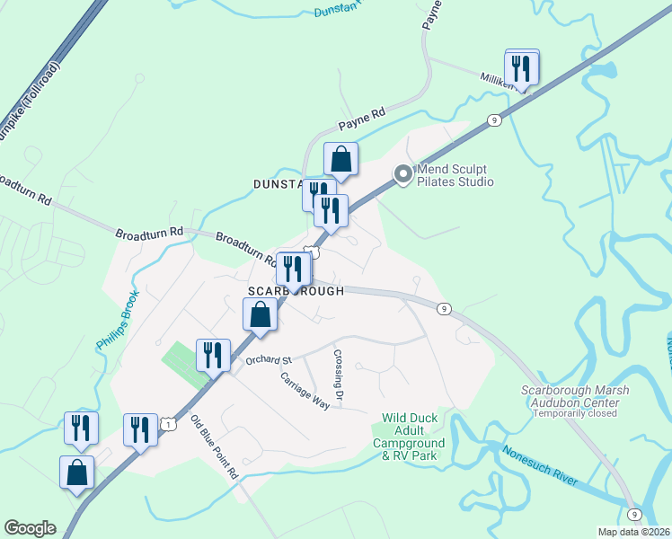 map of restaurants, bars, coffee shops, grocery stores, and more near 12 State Route 9 in Scarborough