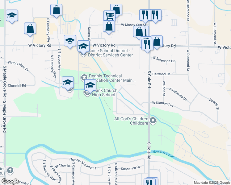 map of restaurants, bars, coffee shops, grocery stores, and more near 3532 South Creekwood Way in Boise