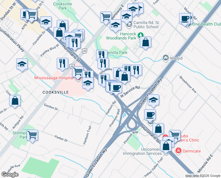 map of restaurants, bars, coffee shops, grocery stores, and more near 2120 Hurontario Street in Mississauga