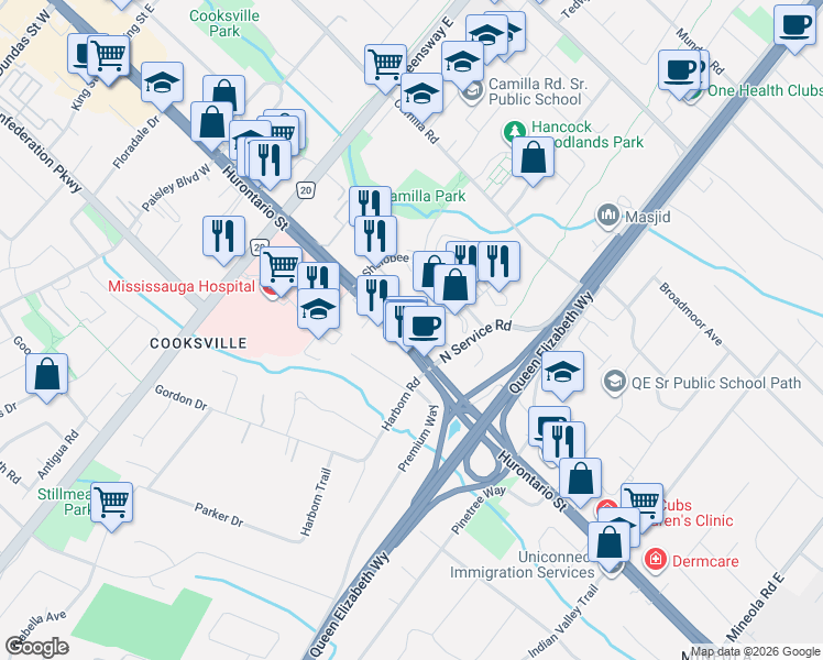 map of restaurants, bars, coffee shops, grocery stores, and more near 2091 Hurontario Street in Mississauga