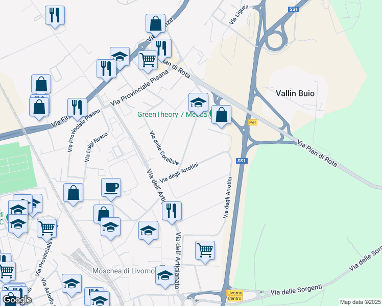 map of restaurants, bars, coffee shops, grocery stores, and more near 16 Via degli Acquaioli in Livorno