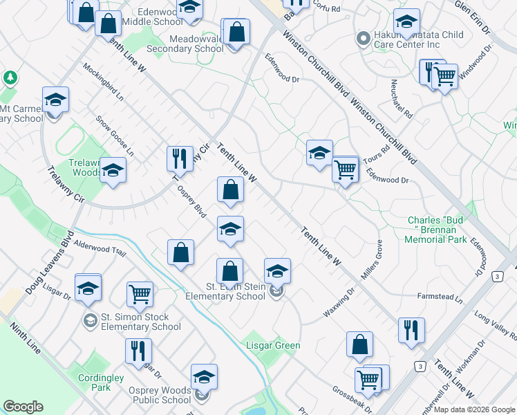 map of restaurants, bars, coffee shops, grocery stores, and more near 6431 Tenth Line West in Mississauga