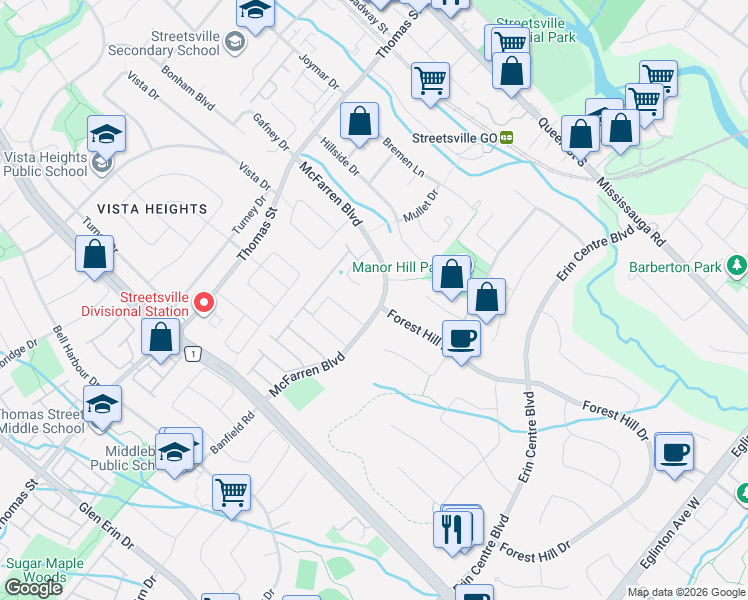 map of restaurants, bars, coffee shops, grocery stores, and more near 5390 McFarren Boulevard in Mississauga