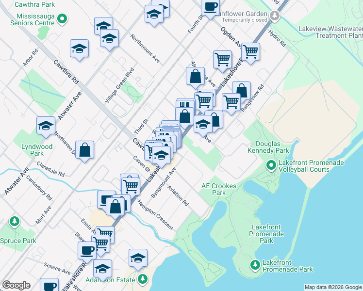 map of restaurants, bars, coffee shops, grocery stores, and more near 760 Lakeshore Road East in Mississauga