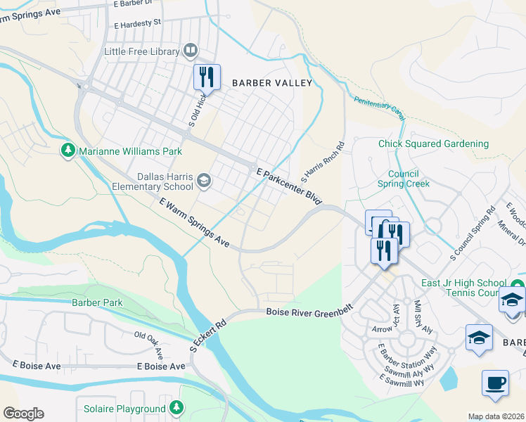 map of restaurants, bars, coffee shops, grocery stores, and more near 4501 East Warm Springs Avenue in Boise
