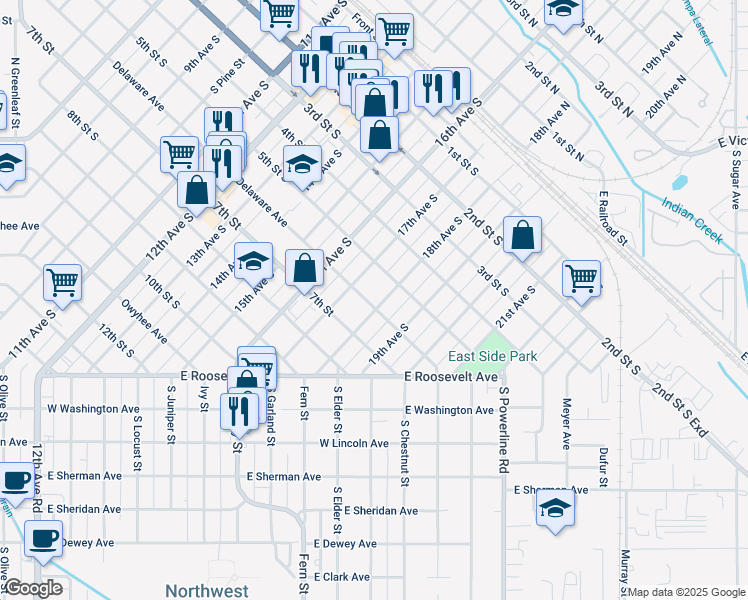 map of restaurants, bars, coffee shops, grocery stores, and more near 611 18th Avenue South in Nampa