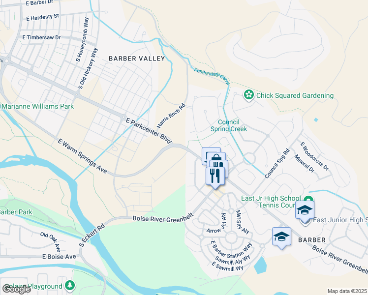 map of restaurants, bars, coffee shops, grocery stores, and more near 4465 East Parkcenter Boulevard in Boise