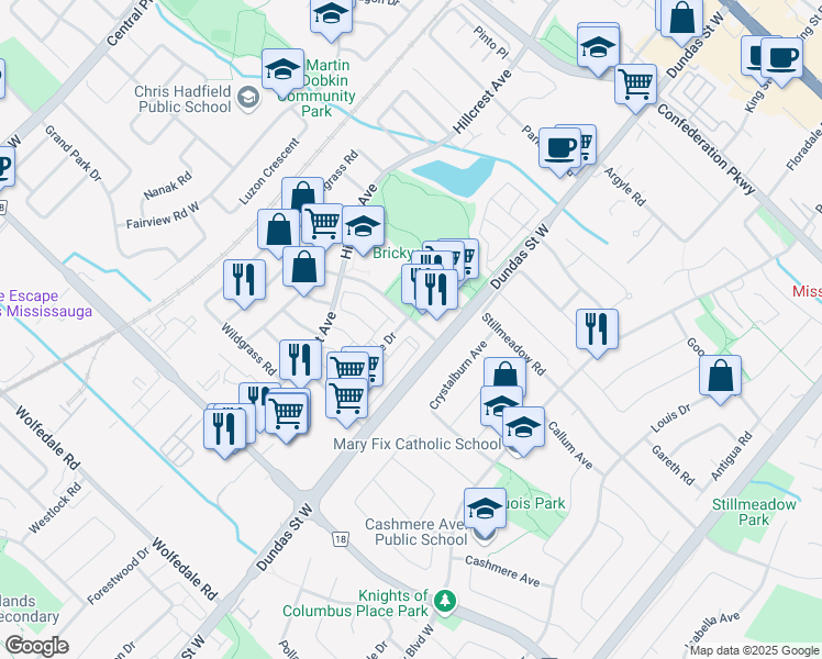 map of restaurants, bars, coffee shops, grocery stores, and more near 3032 Clayhill Road in Mississauga