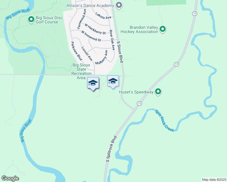 map of restaurants, bars, coffee shops, grocery stores, and more near 2001 South Sioux Boulevard in Brandon