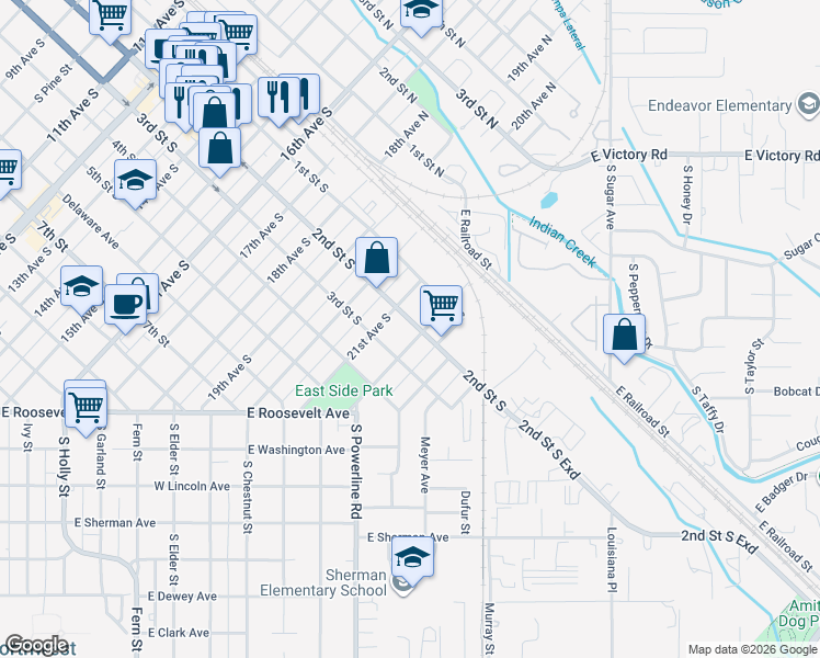 map of restaurants, bars, coffee shops, grocery stores, and more near 2119 2nd Street South in Nampa