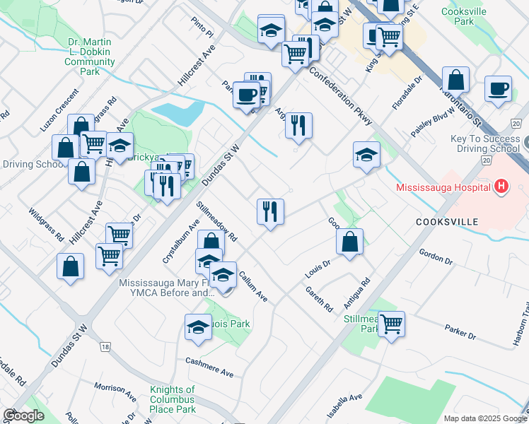 map of restaurants, bars, coffee shops, grocery stores, and more near 2531 Cynara Road in Mississauga