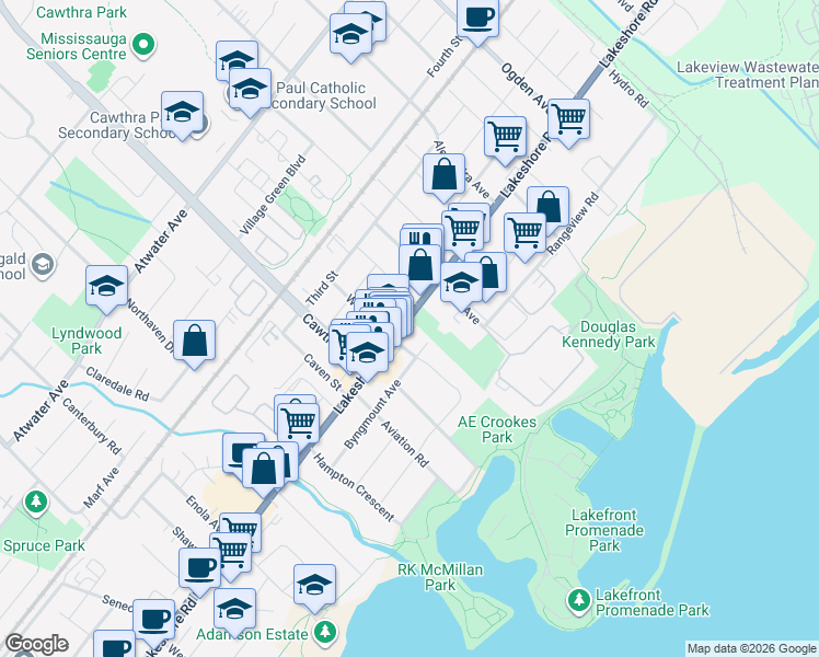 map of restaurants, bars, coffee shops, grocery stores, and more near 760 Lakeshore Road East in Mississauga