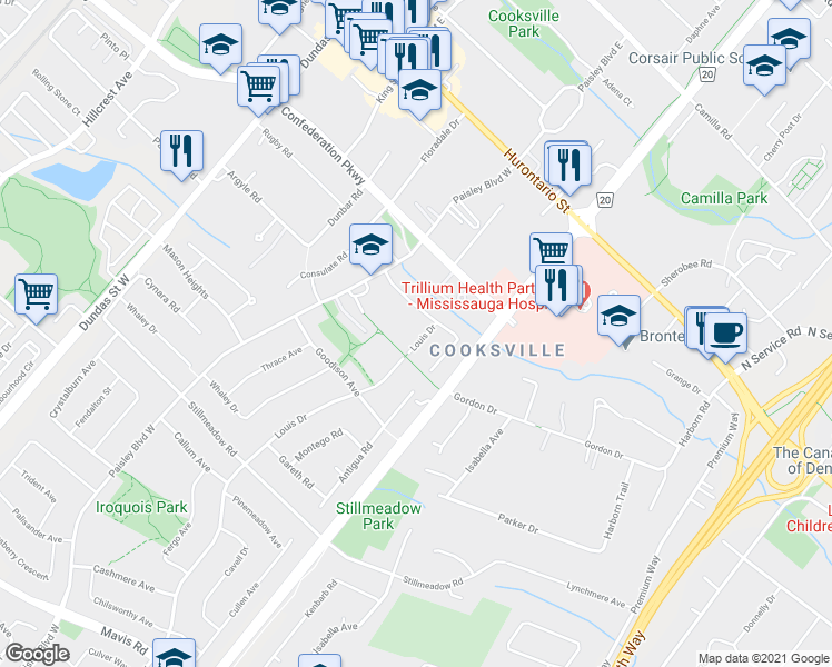 map of restaurants, bars, coffee shops, grocery stores, and more near 189 Louis Drive in Mississauga
