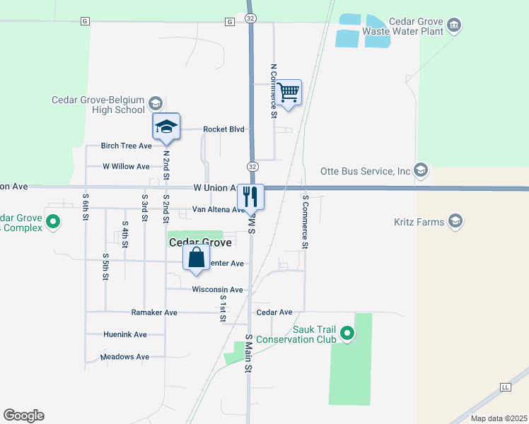 map of restaurants, bars, coffee shops, grocery stores, and more near 210 South Main Street in Cedar Grove