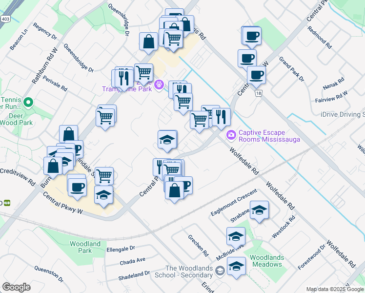 map of restaurants, bars, coffee shops, grocery stores, and more near 3505 Hawkestone Road in Mississauga