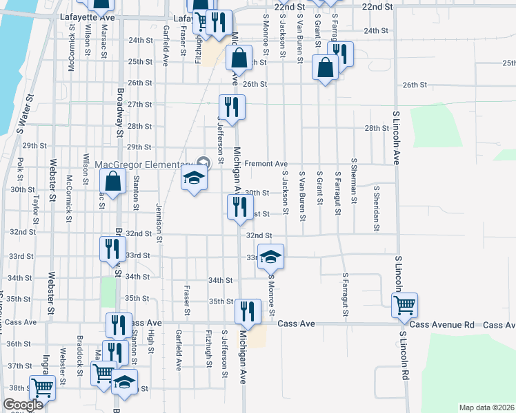 map of restaurants, bars, coffee shops, grocery stores, and more near 1604 31st Street in Bay City