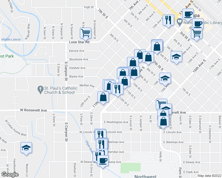 map of restaurants, bars, coffee shops, grocery stores, and more near 1114 12th Street South in Nampa