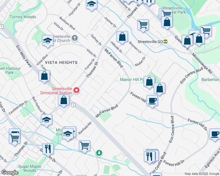 map of restaurants, bars, coffee shops, grocery stores, and more near 5525 Palmerston Crescent in Mississauga